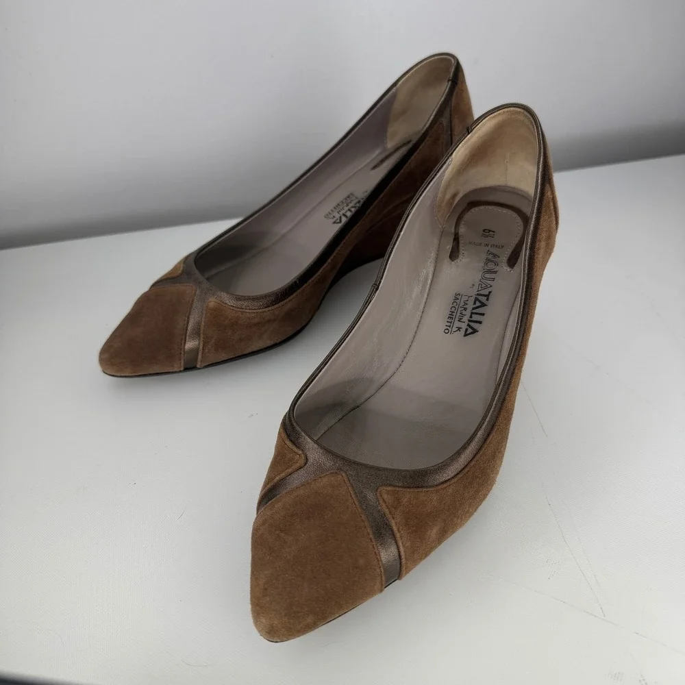 Aquatalia Marvin‎ K Pumps Women 6.5 Brown Suede Leather Pointed Toe Wedge Shoes